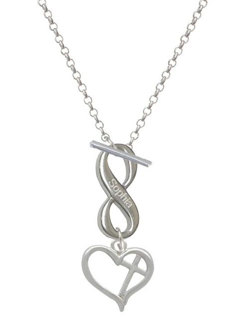 Silver Plated Heart Outline with diagonal Cross - Custom Engraved Infinity Toggle Necklace: Personalized Jewelry Gift - Names, Initials, Dates, Bible Verses