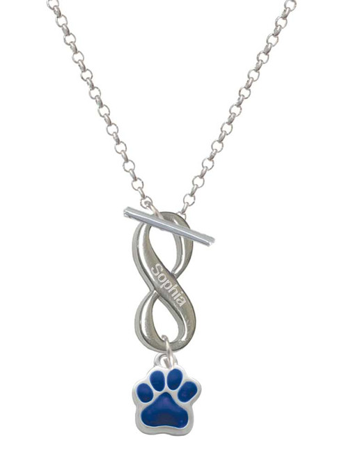 Silver Plated Small Royal Blue Paw - Custom Engraved Infinity Toggle Necklace: Personalized Jewelry Gift - Names, Initials, Dates, Bible Verses
