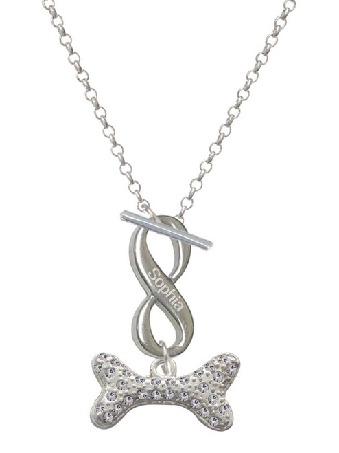 Silver Plated Large Clear Crystal Dog Bone - Custom Engraved Infinity Toggle Necklace: Personalized Jewelry Gift - Names, Initials, Dates, Bible Verses
