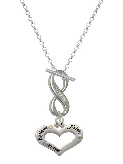 Silver Plated Heart with 3 AB Crystals - Believe Faith Prayer - Custom Engraved Infinity Toggle Necklace: Personalized Jewelry Gift - Names, Initials, Dates, Bible Verses