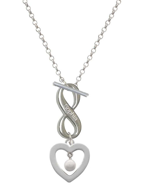 Silver Plated Open heart with Imitation Pearl Drop - Custom Engraved Infinity Toggle Necklace: Personalized Jewelry Gift - Names, Initials, Dates, Bible Verses