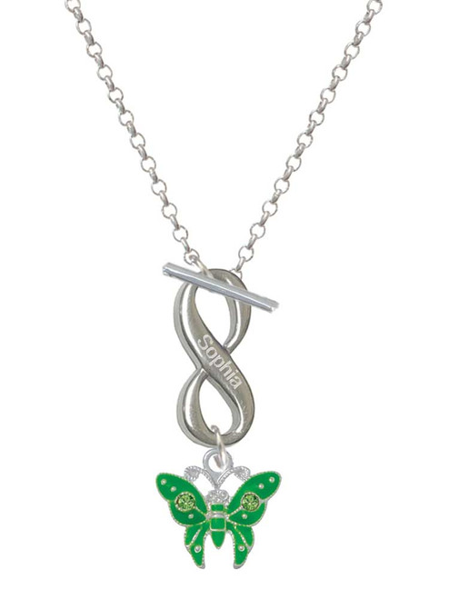 Silver Plated Lime Green Butterfly with 2 Lime Green Crystals - Custom Engraved Infinity Toggle Necklace: Personalized Jewelry Gift - Names, Initials, Dates, Bible Verses
