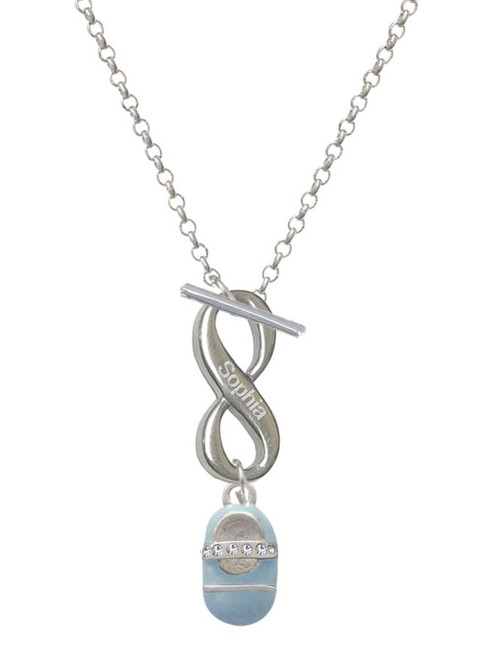Silver Plated Light Blue Baby Shoe with Crystal Strap - Custom Engraved Infinity Toggle Necklace: Personalized Jewelry Gift - Names, Initials, Dates, Bible Verses