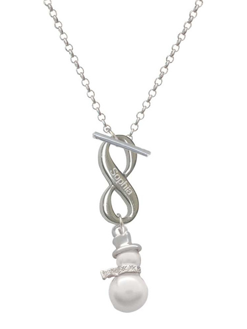 Silver Plated Imitation Pearl Snowman - Custom Engraved Infinity Toggle Necklace: Personalized Jewelry Gift - Names, Initials, Dates, Bible Verses