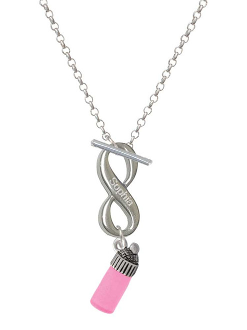 Silver Plated 3-D Pink Baby Bottle - Custom Engraved Infinity Toggle Necklace: Personalized Jewelry Gift - Names, Initials, Dates, Bible Verses