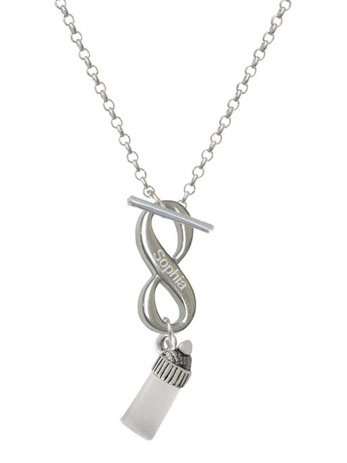 Silver Plated 3-D Clear Frosted Baby Bottle - Custom Engraved Infinity Toggle Necklace: Personalized Jewelry Gift - Names, Initials, Dates, Bible Verses