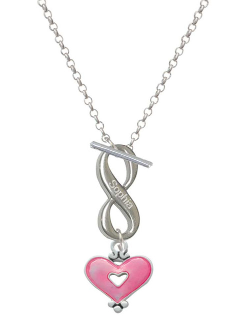 Silver Plated Hot Pink Enamel Heart with Cutout - Custom Engraved Infinity Toggle Necklace: Personalized Jewelry Gift - Names, Initials, Dates, Bible Verses