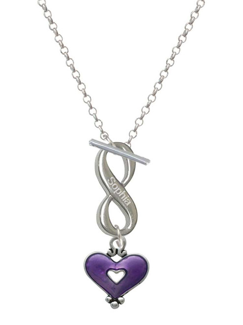 Silver Plated Hot Purple Enamel Heart with Cutout - Custom Engraved Infinity Toggle Necklace: Personalized Jewelry Gift - Names, Initials, Dates, Bible Verses