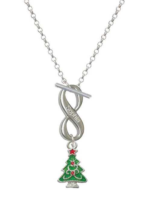Silver Plated Green Christmas Tree with Red Crystals - Custom Engraved Infinity Toggle Necklace: Personalized Jewelry Gift - Names, Initials, Dates, Bible Verses