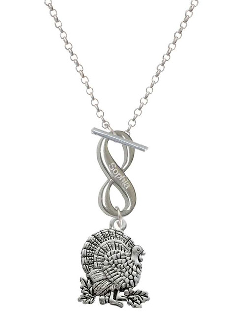 Silver Plated Antiqued Turkey - Custom Engraved Infinity Toggle Necklace: Personalized Jewelry Gift - Names, Initials, Dates, Bible Verses