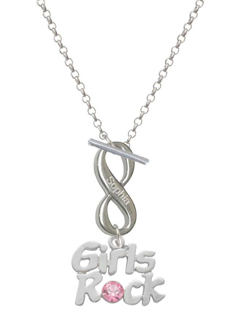 Silver Plated Girls Rock with Light Pink Crystal - Custom Engraved Infinity Toggle Necklace: Personalized Jewelry Gift - Names, Initials, Dates, Bible Verses