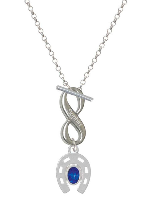 Silver Plated Horseshoe with Oval Blue Crystal - Custom Engraved Infinity Toggle Necklace: Personalized Jewelry Gift - Names, Initials, Dates, Bible Verses