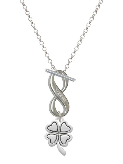 Silver Plated Antiqued Four Leaf Clover - Custom Engraved Infinity Toggle Necklace: Personalized Jewelry Gift - Names, Initials, Dates, Bible Verses