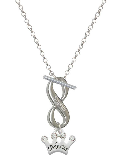 Silver Plated Small ''Princess'' Crown with Clear Crystals - Custom Engraved Infinity Toggle Necklace: Personalized Jewelry Gift - Names, Initials, Dates, Bible Verses