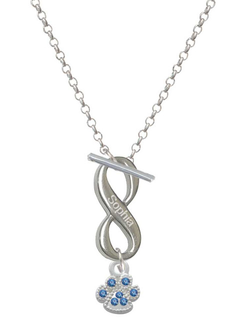 Silver Plated Mini Paw with Blue Crystals - Custom Engraved Infinity Toggle Necklace: Personalized Jewelry Gift - Names, Initials, Dates, Bible Verses