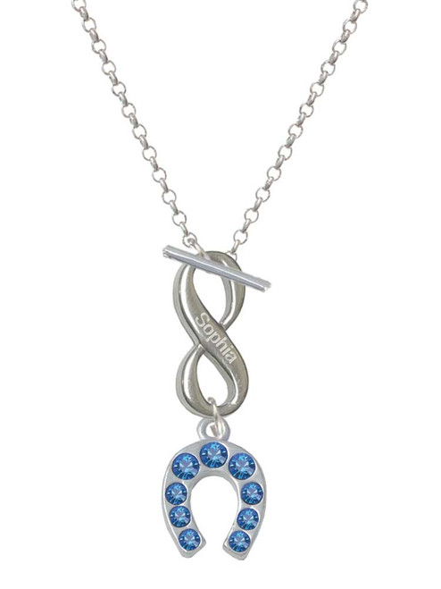 Silver Plated Blue Crystal Horseshoe - Custom Engraved Infinity Toggle Necklace: Personalized Jewelry Gift - Names, Initials, Dates, Bible Verses