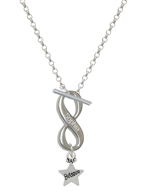 Silver Plated Mini ''Believe'' Star - Custom Engraved Infinity Toggle Necklace: Personalized Jewelry Gift - Names, Initials, Dates, Bible Verses