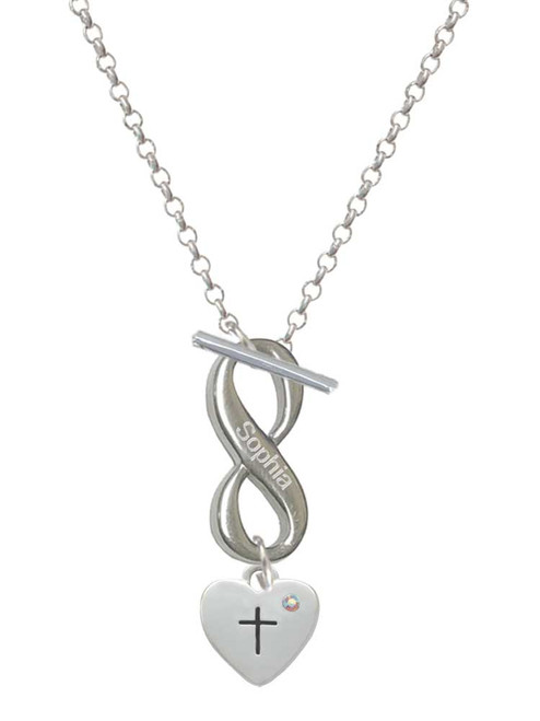 Silver Plated Small Heart with Cross & Fish with Crystal - Custom Engraved Infinity Toggle Necklace: Personalized Jewelry Gift - Names, Initials, Dates, Bible Verses
