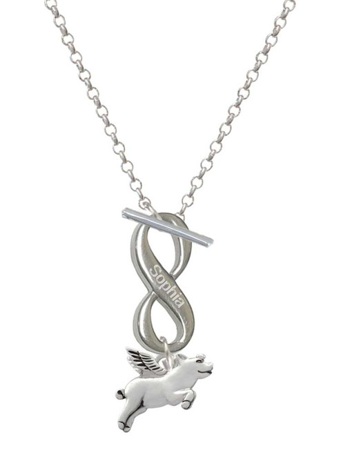 Silver Plated Flying Pig - Custom Engraved Infinity Toggle Necklace: Personalized Jewelry Gift - Names, Initials, Dates, Bible Verses