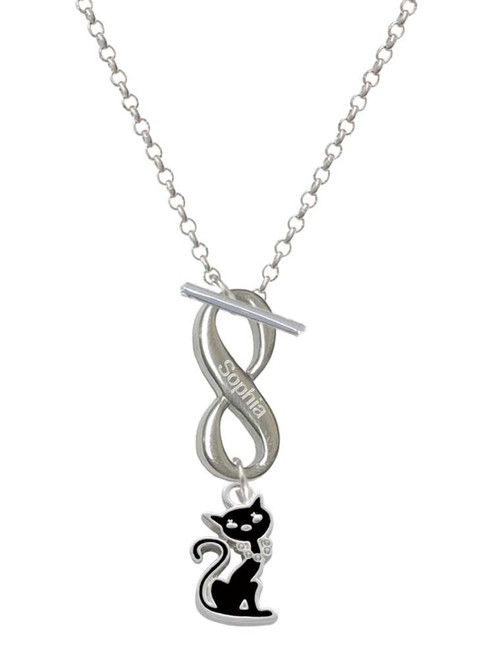 Silver Plated Black Sitting Cat - Custom Engraved Infinity Toggle Necklace: Personalized Jewelry Gift - Names, Initials, Dates, Bible Verses
