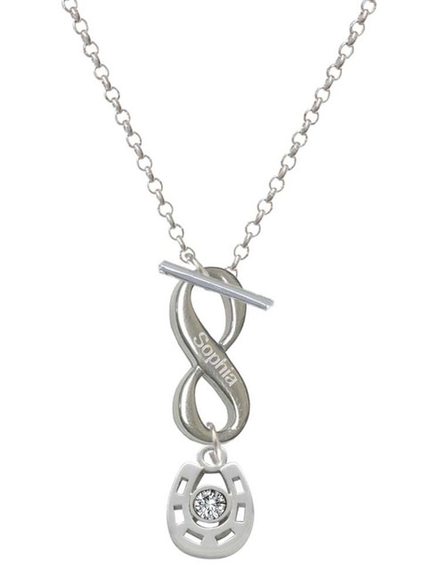 Silver Plated Small Clear Crystal Horseshoe - Custom Engraved Infinity Toggle Necklace: Personalized Jewelry Gift - Names, Initials, Dates, Bible Verses