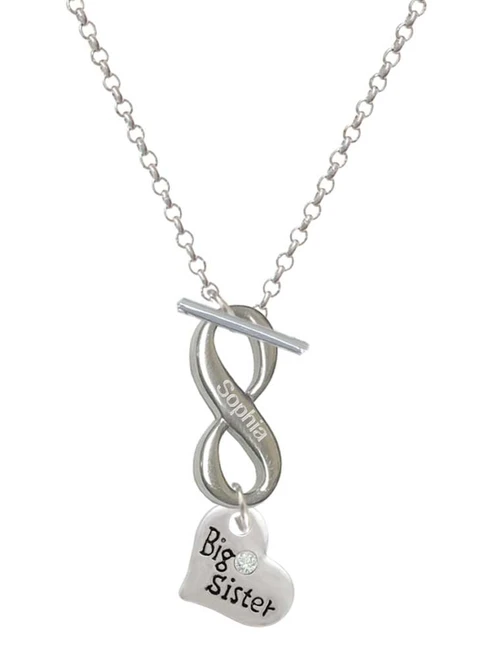 Silver Plated Small ''Big Sister'' Heart with Clear Crystal - Custom Engraved Infinity Toggle Necklace: Personalized Jewelry Gift - Names, Initials, Dates, Bible Verses