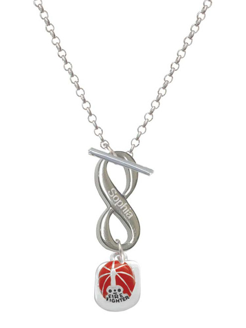 Silver Plated Red Enamel Firefighter Helmet - Custom Engraved Infinity Toggle Necklace: Personalized Jewelry Gift - Names, Initials, Dates, Bible Verses