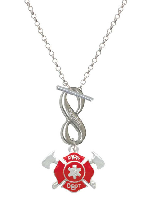 Silver Plated Red Fire Department Shield with Axes - Custom Engraved Infinity Toggle Necklace: Personalized Jewelry Gift - Names, Initials, Dates, Bible Verses