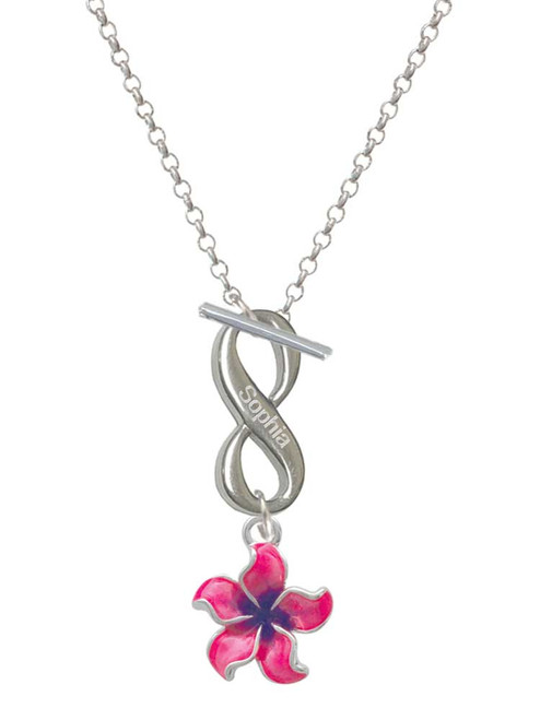Silver Plated Hot Pink and Purple Plumeria Flower - Custom Engraved Infinity Toggle Necklace: Personalized Jewelry Gift - Names, Initials, Dates, Bible Verses
