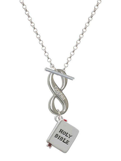 Silver Plated Bible with Cross - Custom Engraved Infinity Toggle Necklace: Personalized Jewelry Gift - Names, Initials, Dates, Bible Verses