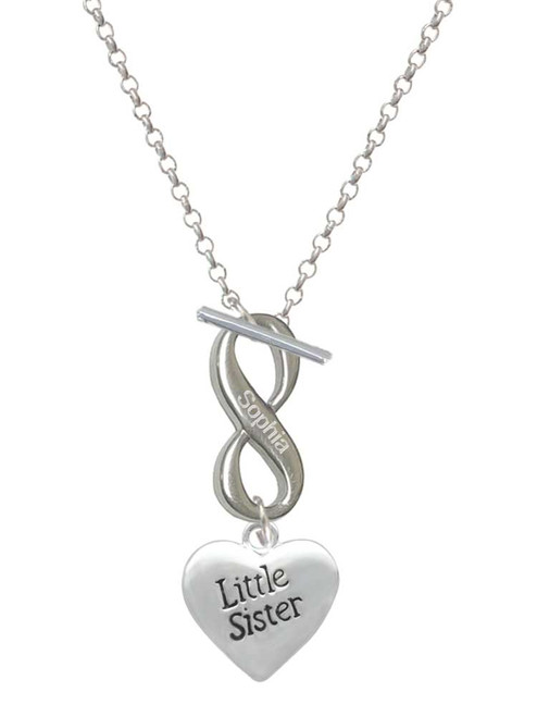 Silver Plated 3-D Little Sister Heart - Custom Engraved Infinity Toggle Necklace: Personalized Jewelry Gift - Names, Initials, Dates, Bible Verses