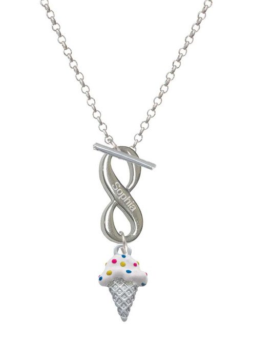 Silver Plated 2-D Vanilla Ice Cream Cone with Sprinkles - Custom Engraved Infinity Toggle Necklace: Personalized Jewelry Gift - Names, Initials, Dates, Bible Verses