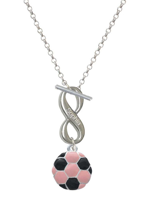 Silver Plated Enamel Pink Soccer ball - Custom Engraved Infinity Toggle Necklace: Personalized Jewelry Gift - Names, Initials, Dates, Bible Verses