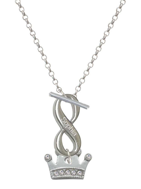 Silver Plated Crown with Clear Crystals - Custom Engraved Infinity Toggle Necklace: Personalized Jewelry Gift - Names, Initials, Dates, Bible Verses