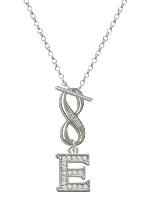 Silver Plated Crystal Initial - E - Custom Engraved Infinity Toggle Necklace: Personalized Jewelry Gift - Names, Initials, Dates, Bible Verses