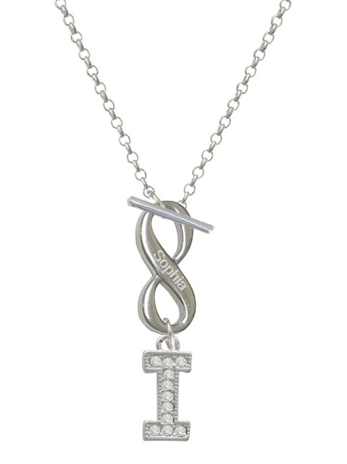 Silver Plated Crystal Initial - I - Custom Engraved Infinity Toggle Necklace: Personalized Jewelry Gift - Names, Initials, Dates, Bible Verses