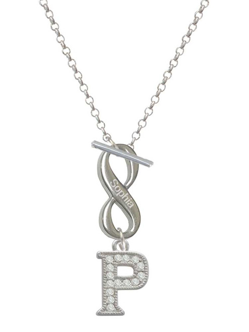 Silver Plated Crystal Initial - P - Custom Engraved Infinity Toggle Necklace: Personalized Jewelry Gift - Names, Initials, Dates, Bible Verses