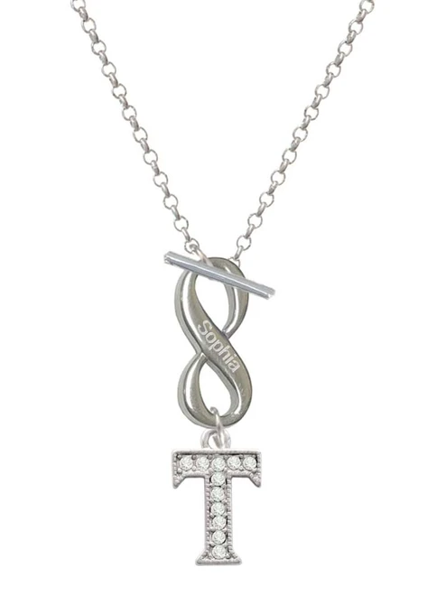 Silver Plated Crystal Initial - T - Custom Engraved Infinity Toggle Necklace: Personalized Jewelry Gift - Names, Initials, Dates, Bible Verses