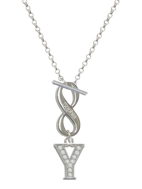 Silver Plated Crystal Initial - Y - Custom Engraved Infinity Toggle Necklace: Personalized Jewelry Gift - Names, Initials, Dates, Bible Verses