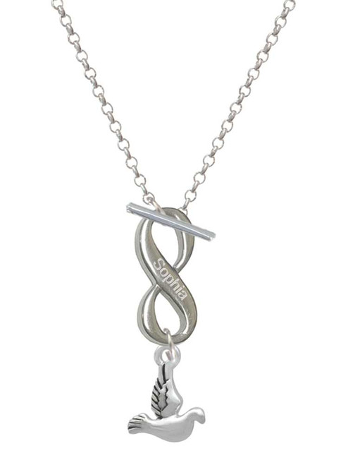 Silver Plated 2-D Small Dove - Custom Engraved Infinity Toggle Necklace: Personalized Jewelry Gift - Names, Initials, Dates, Bible Verses