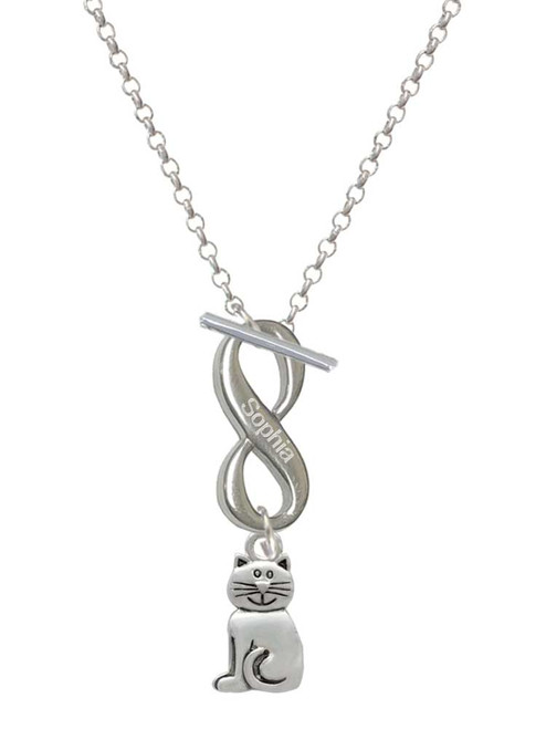 Silver Plated 2-D Smiling Cat - Custom Engraved Infinity Toggle Necklace: Personalized Jewelry Gift - Names, Initials, Dates, Bible Verses