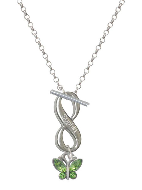 Silver Plated Mini Butterfly with Green Wings & Crystals - Custom Engraved Infinity Toggle Necklace: Personalized Jewelry Gift - Names, Initials, Dates, Bible Verses