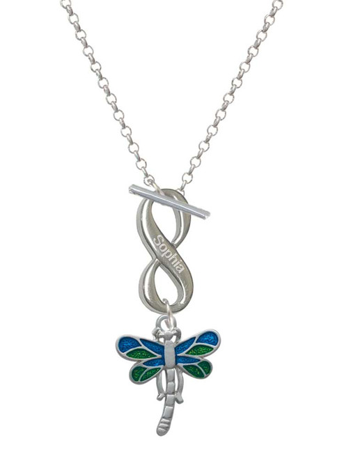 Silver Plated Dragonfly with Green & Blue Wings - Custom Engraved Infinity Toggle Necklace: Personalized Jewelry Gift - Names, Initials, Dates, Bible Verses