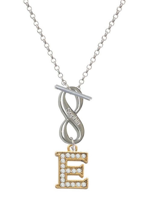 Gold-tone Crystal Initial - E - Custom Engraved Infinity Toggle Necklace: Personalized Jewelry Gift - Names, Initials, Dates, Bible Verses