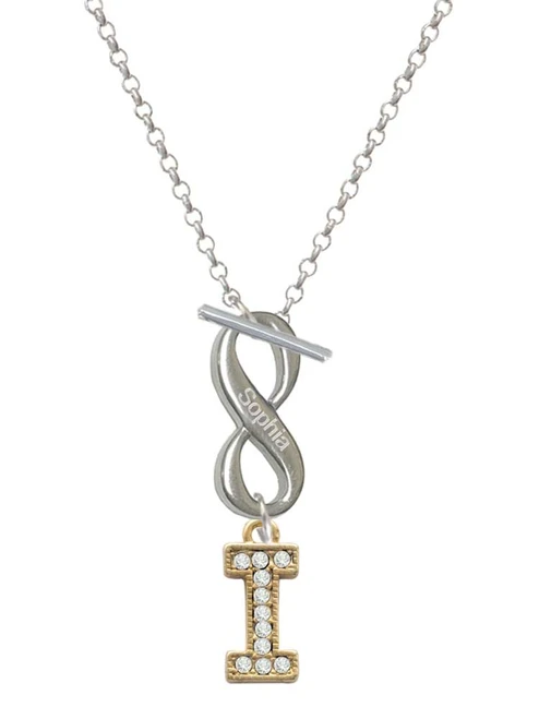 Gold-tone Crystal Initial - I - Custom Engraved Infinity Toggle Necklace: Personalized Jewelry Gift - Names, Initials, Dates, Bible Verses