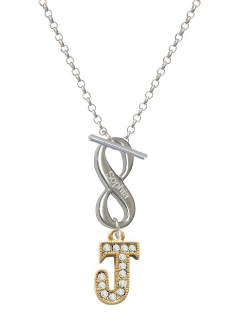 Gold-tone Crystal Initial - J - Custom Engraved Infinity Toggle Necklace: Personalized Jewelry Gift - Names, Initials, Dates, Bible Verses