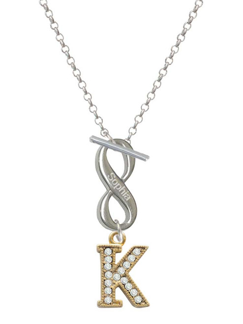 Gold-tone Crystal Initial - K - Custom Engraved Infinity Toggle Necklace: Personalized Jewelry Gift - Names, Initials, Dates, Bible Verses