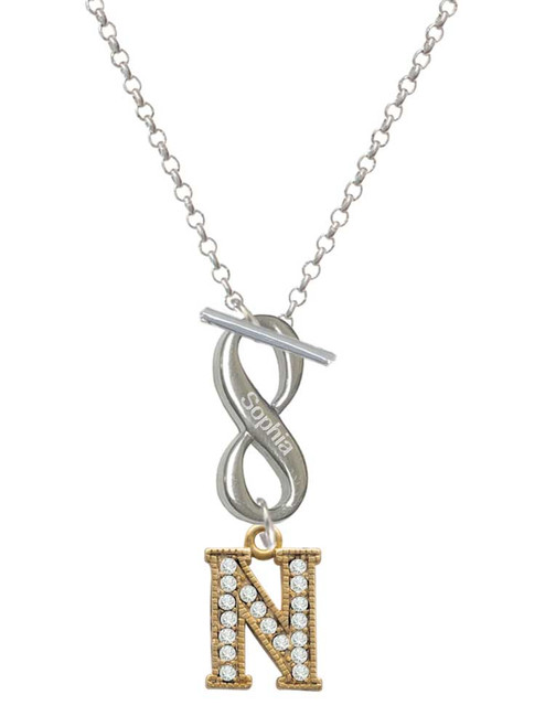 Gold-tone Crystal Initial - N - Custom Engraved Infinity Toggle Necklace: Personalized Jewelry Gift - Names, Initials, Dates, Bible Verses