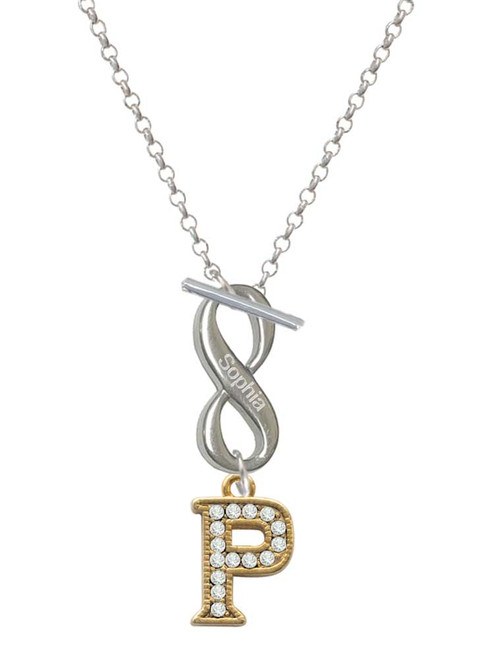 Gold-tone Crystal Initial - P - Custom Engraved Infinity Toggle Necklace: Personalized Jewelry Gift - Names, Initials, Dates, Bible Verses