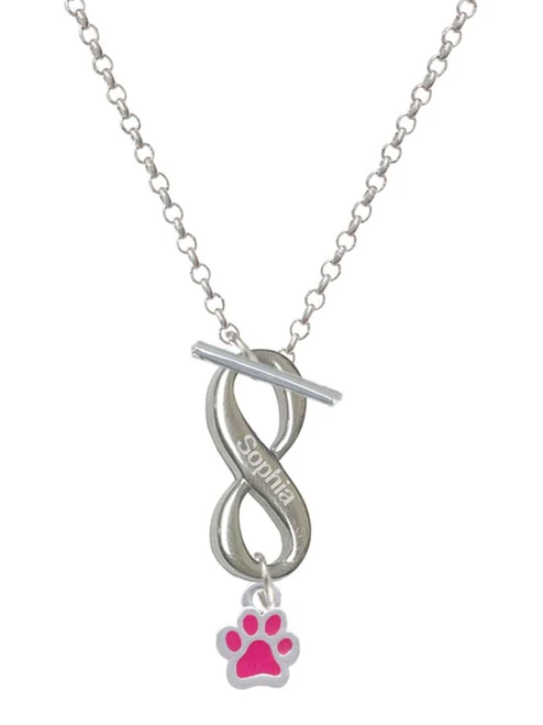 Silver Plated Mini Translucent Hot Pink Paw - Custom Engraved Infinity Toggle Necklace: Personalized Jewelry Gift - Names, Initials, Dates, Bible Verses